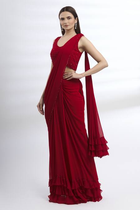 Buy Arpan Vohra Maroon Geargette Scoop Neck Pre-draped Saree Online at Aza Fashions Buy_Arpan Vohra_Maroon Geargette Scoop Neck Pre-draped Saree _Online_at_Aza_Fashions