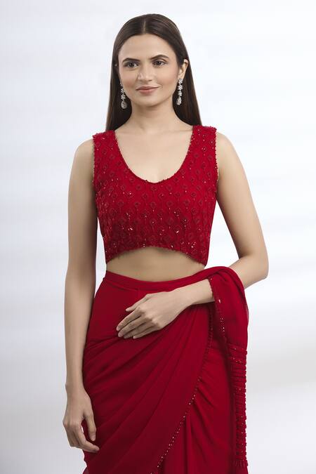 Shop Arpan Vohra Maroon Geargette Scoop Neck Pre-draped Saree Online at Aza Fashions Shop_Arpan Vohra_Maroon Geargette Scoop Neck Pre-draped Saree _Online_at_Aza_Fashions