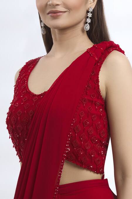 Arpan Vohra Maroon Geargette Scoop Neck Pre-draped Saree at Aza Fashions Arpan Vohra_Maroon Geargette Scoop Neck Pre-draped Saree _at_Aza_Fashions