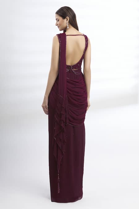 Shop Arpan Vohra Purple Geargette Scoop Neck Pre-draped Saree at Aza Fashions Shop_Arpan Vohra_Purple Geargette Scoop Neck Pre-draped Saree _at_Aza_Fashions