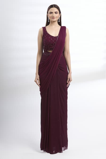 Arpan Vohra Purple Geargette Scoop Neck Pre-draped Saree Online at Aza Fashions Arpan Vohra_Purple Geargette Scoop Neck Pre-draped Saree _Online_at_Aza_Fashions