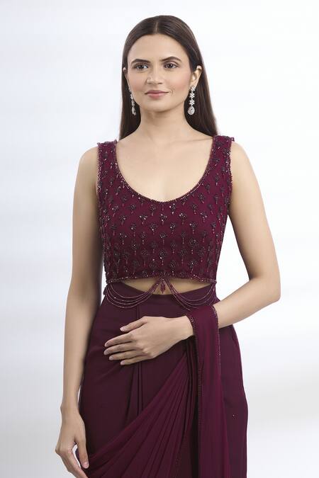 Shop Arpan Vohra Purple Geargette Scoop Neck Pre-draped Saree Online at Aza Fashions Shop_Arpan Vohra_Purple Geargette Scoop Neck Pre-draped Saree _Online_at_Aza_Fashions