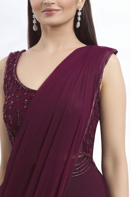 Arpan Vohra Purple Geargette Scoop Neck Pre-draped Saree at Aza Fashions Arpan Vohra_Purple Geargette Scoop Neck Pre-draped Saree _at_Aza_Fashions
