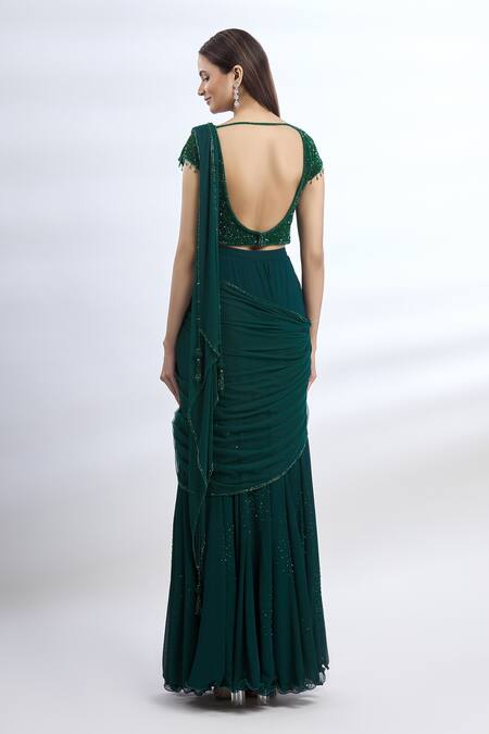 Shop Arpan Vohra Green Geargette Scoop Neck Pre-draped Saree at Aza Fashions Shop_Arpan Vohra_Green Geargette Scoop Neck Pre-draped Saree _at_Aza_Fashions