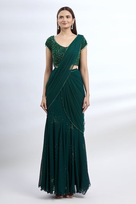 Arpan Vohra Green Geargette Scoop Neck Pre-draped Saree Online at Aza Fashions Arpan Vohra_Green Geargette Scoop Neck Pre-draped Saree _Online_at_Aza_Fashions