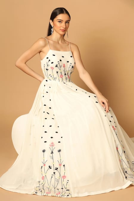 Buy_Two Sisters By Gyans_White Georgette Beads, Sequins Square Neck Floral Hand Embroidered Panelled Gown 