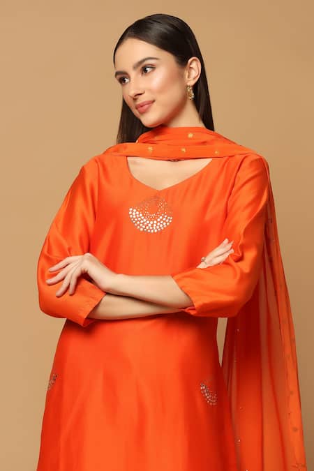 Shop Two Sisters By Gyans Orange Cotton, Chanderi Mirrors V-neck Straight Kurta Set Online at Aza Fashions Shop_Two Sisters By Gyans_Orange Cotton, Chanderi Mirrors V-neck Straight Kurta Set _Online_at_Aza_Fashions