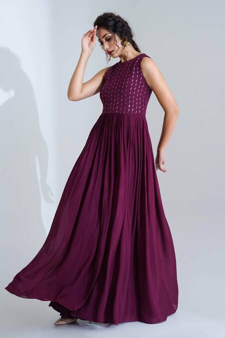 Suruchi Parakh_Purple Georgette Crepe Lining Shantoon Sequin Round Embellished Gown _Online_at_Aza_Fashions