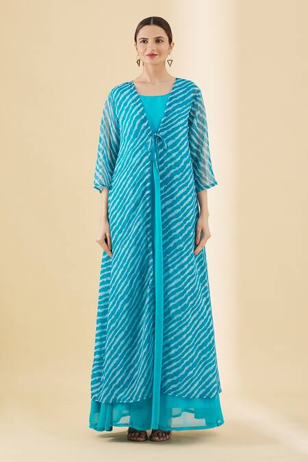 Aryavir Malhotra_Blue Pure Muslin Print Leheriya Round Jacket And Kurta Set_Online_at_Aza_Fashions