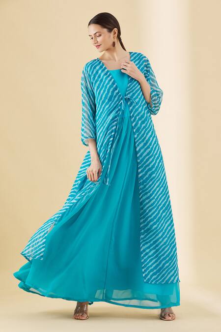 Buy_Aryavir Malhotra_Blue Pure Muslin Print Leheriya Round Jacket And Kurta Set_Online_at_Aza_Fashions