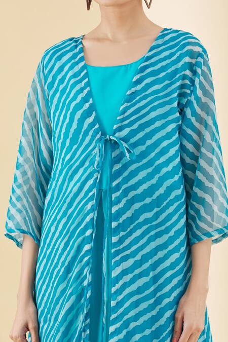 Aryavir Malhotra_Blue Pure Muslin Print Leheriya Round Jacket And Kurta Set_at_Aza_Fashions
