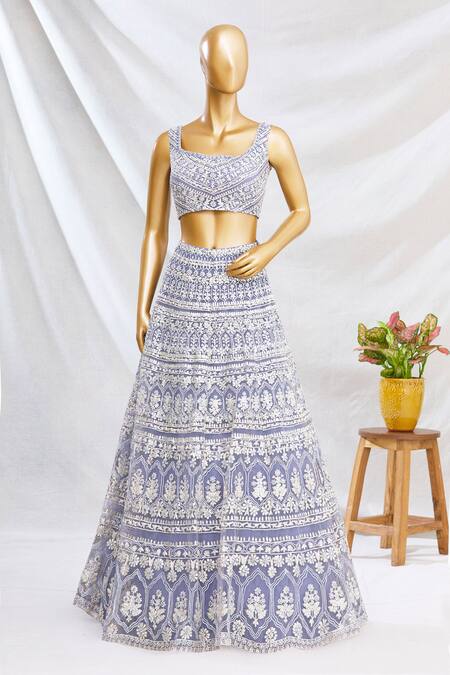 Aneesh Agarwaal_Blue Square Neck Embroidered Bridal Lehenga Set_Online_at_Aza_Fashions