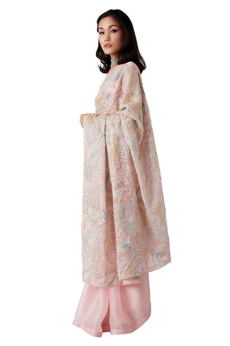 Amaare_Pink Taffeta Embroidery Scoop Neck Embellished Saree With Blouse _Online_at_Aza_Fashions