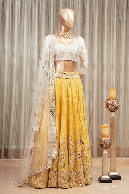 Buy Abhinav Mishra Yellow Raw Silk, Net Leaf Neck Embroidered Lehenga Set Online at Aza Fashions Buy_Abhinav Mishra_Yellow Raw Silk, Net Leaf Neck Embroidered Lehenga Set_Online_at_Aza_Fashions