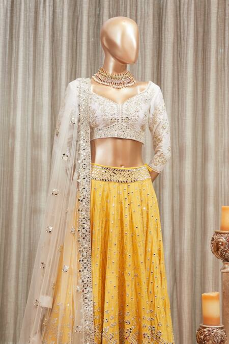 Abhinav Mishra Yellow Raw Silk, Net Leaf Neck Embroidered Lehenga Set Online at Aza Fashions Abhinav Mishra_Yellow Raw Silk, Net Leaf Neck Embroidered Lehenga Set_Online_at_Aza_Fashions