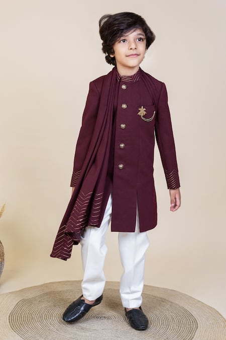 Shop Little Boys Closet Purple Polyester, Cotton, Satin Zari Sherwani And Pants at Aza Fashions Shop_Little Boys Closet_Purple Polyester, Cotton, Satin Zari Sherwani And Pants _at_Aza_Fashions