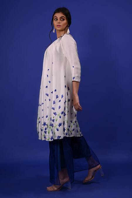 Buy_Rimi Nayak_White Modal, Satin Embroidery Round Neck Clitoria Flower Print Tunic _Online_at_Aza_Fashions