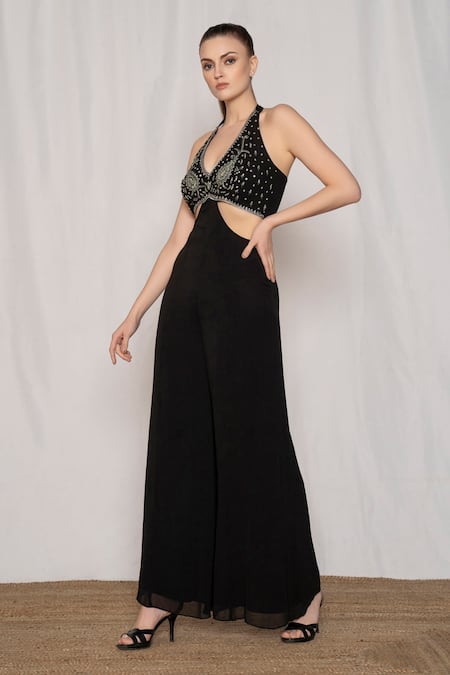 Buy_Amrta By Guneet Kondal_Black Viscose Beads, Sequins Plunge Neck Floral Embroidered Jumpsuit _Online_at_Aza_Fashions