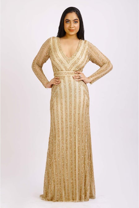 One Shoulder Abstract Sequin Gown In Champagne Gold Multi | Adrianna Papell