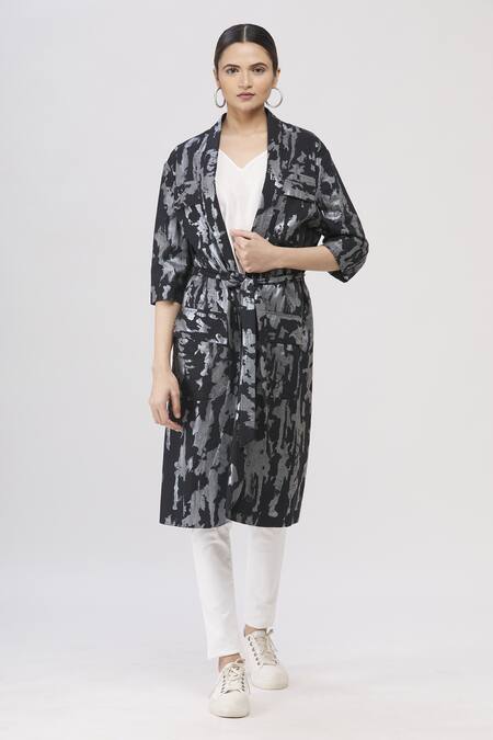 Buy_I Am Trouble By KC_Black Open Foil Print Jacket_Online_at_Aza_Fashions