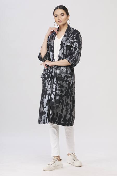 Shop_I Am Trouble By KC_Black Open Foil Print Jacket_Online_at_Aza_Fashions