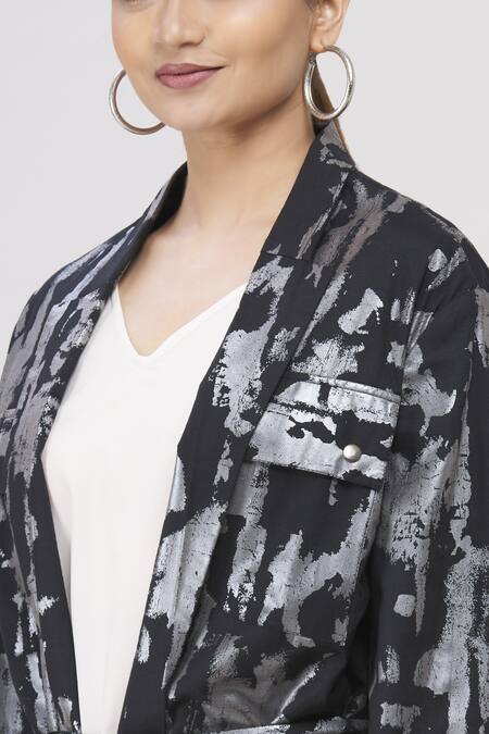 I Am Trouble By KC_Black Open Foil Print Jacket_at_Aza_Fashions