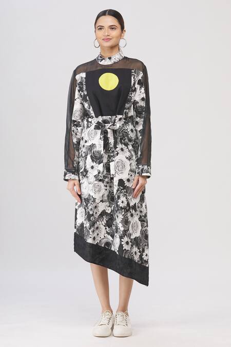 I Am Trouble By KC_Black High Neck Floral Print Asymmetric Dress_Online_at_Aza_Fashions