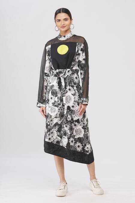 Buy_I Am Trouble By KC_Black High Neck Floral Print Asymmetric Dress_Online_at_Aza_Fashions