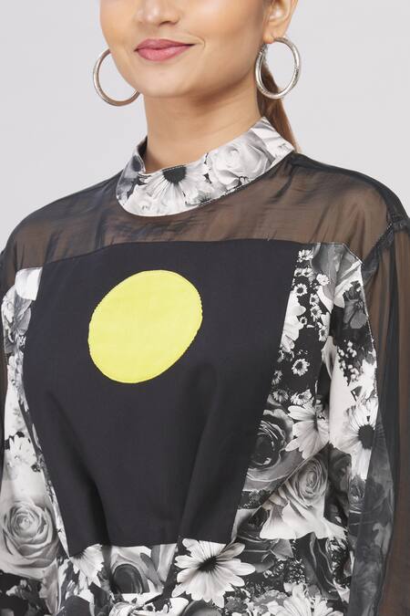 Shop_I Am Trouble By KC_Black High Neck Floral Print Asymmetric Dress_Online_at_Aza_Fashions