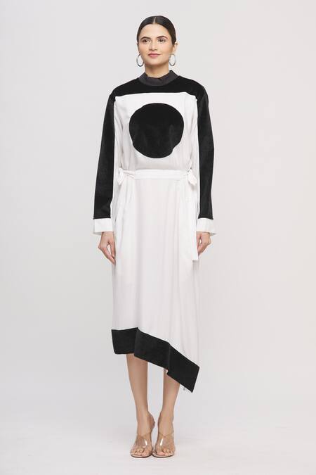 Buy_I Am Trouble By KC_White Round Panelled Asymmetric Colorblock Dress_Online_at_Aza_Fashions