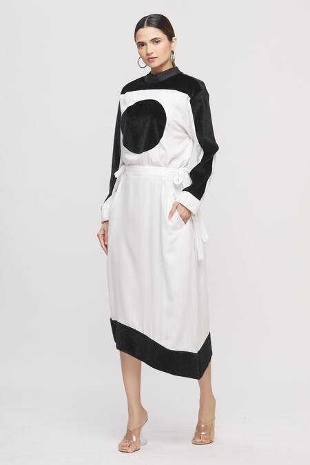 Shop_I Am Trouble By KC_White Round Panelled Asymmetric Colorblock Dress_Online_at_Aza_Fashions