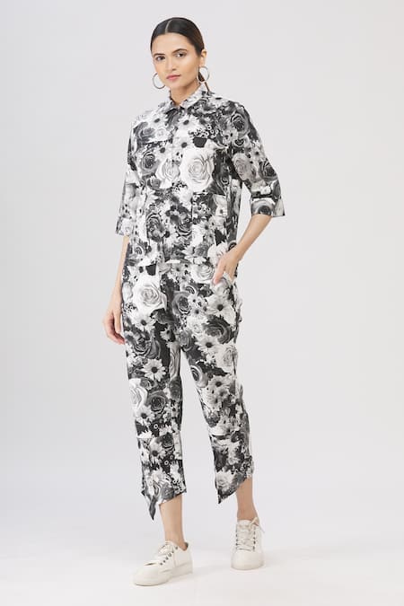 I am Trouble by KC Black Shirt Collar Floral Print Pant Set 