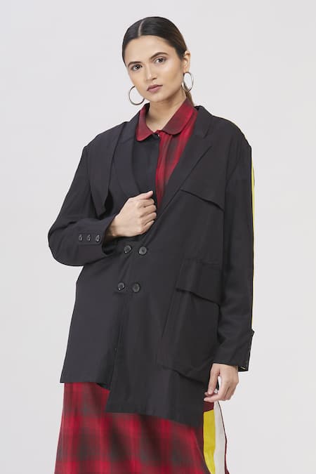 I Am Trouble By KC_Black Notched Lapel Asymmetric Jacket _Online_at_Aza_Fashions