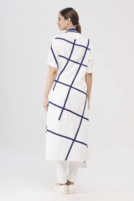 Shop I Am Trouble By KC White V Neck Striped Overlap Jacket at Aza Fashions Shop_I Am Trouble By KC_White V Neck Striped Overlap Jacket_at_Aza_Fashions