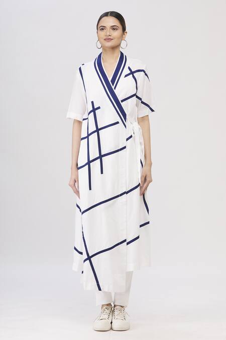 I Am Trouble By KC White V Neck Striped Overlap Jacket Online at Aza Fashions I Am Trouble By KC_White V Neck Striped Overlap Jacket_Online_at_Aza_Fashions