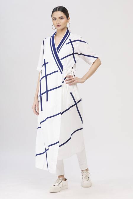 Buy I Am Trouble By KC White V Neck Striped Overlap Jacket Online at Aza Fashions Buy_I Am Trouble By KC_White V Neck Striped Overlap Jacket_Online_at_Aza_Fashions