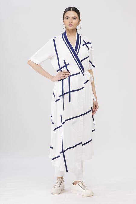 Shop I Am Trouble By KC White V Neck Striped Overlap Jacket Online at Aza Fashions Shop_I Am Trouble By KC_White V Neck Striped Overlap Jacket_Online_at_Aza_Fashions