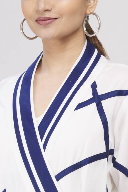 I Am Trouble By KC White V Neck Striped Overlap Jacket at Aza Fashions I Am Trouble By KC_White V Neck Striped Overlap Jacket_at_Aza_Fashions