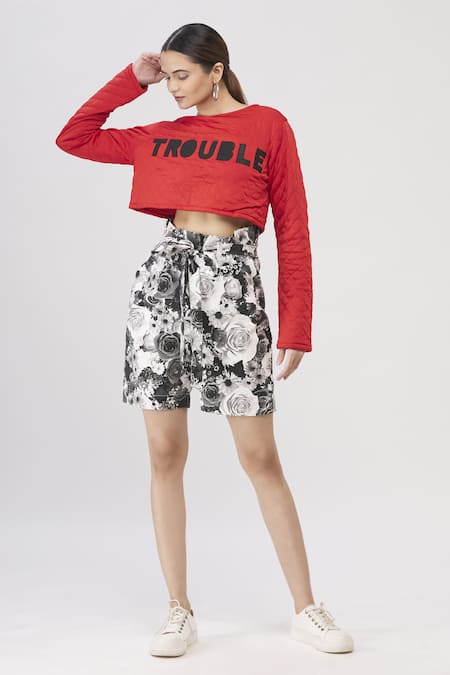 I Am Trouble By KC_Red Round Checkered Crop Top_Online_at_Aza_Fashions