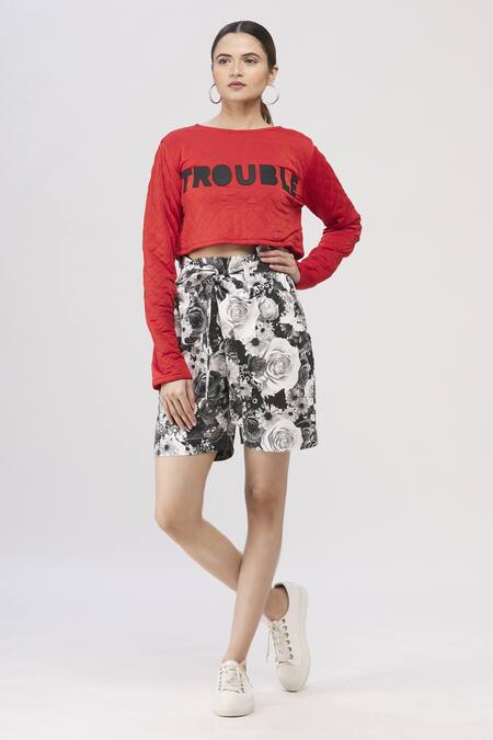 Buy_I Am Trouble By KC_Red Round Checkered Crop Top_Online_at_Aza_Fashions