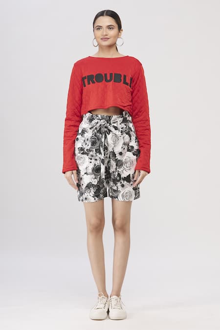 Shop_I Am Trouble By KC_Red Round Checkered Crop Top_Online_at_Aza_Fashions