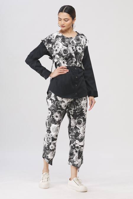 Buy_I Am Trouble By KC_Black Round Floral Print Layered Top _Online_at_Aza_Fashions