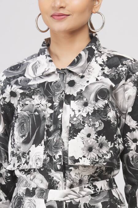 I Am Trouble By KC_Black Shirt Collar Floral Print Top _at_Aza_Fashions