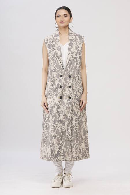 I Am Trouble By KC_Beige Notched Lapel Printed Jacket_Online_at_Aza_Fashions