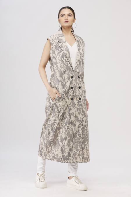 Buy_I Am Trouble By KC_Beige Notched Lapel Printed Jacket_Online_at_Aza_Fashions