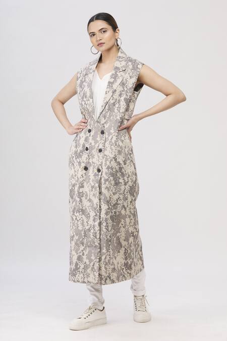 Shop_I Am Trouble By KC_Beige Notched Lapel Printed Jacket_Online_at_Aza_Fashions