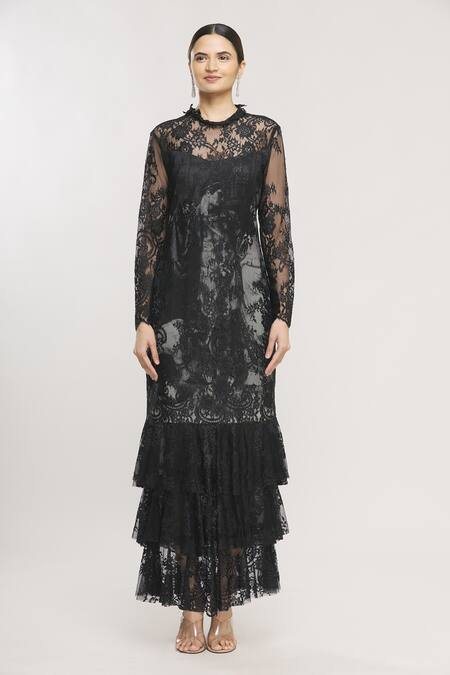 Kartikeya India_Black Round Floral Lace Layered Maxi Dress_Online_at_Aza_Fashions