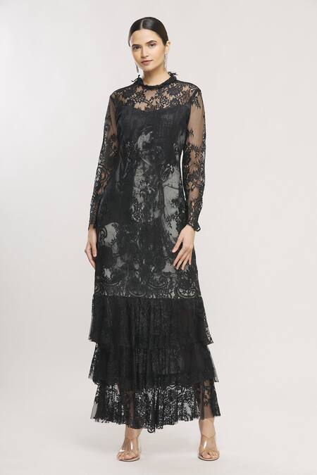Buy_Kartikeya India_Black Round Floral Lace Layered Maxi Dress_Online_at_Aza_Fashions