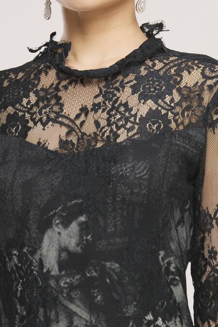 Shop_Kartikeya India_Black Round Floral Lace Layered Maxi Dress_Online_at_Aza_Fashions