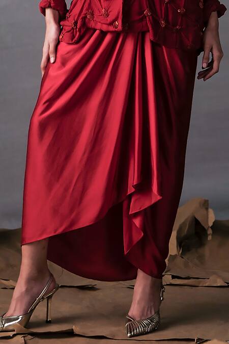 Buy_AK-OK_Red Silk Embroidery, Sequins Collared Draped Blazer And Skirt Set _Online_at_Aza_Fashions